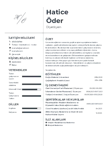 Beslenme Uzmanı Diyetisyen CV Örnekleri cv indir